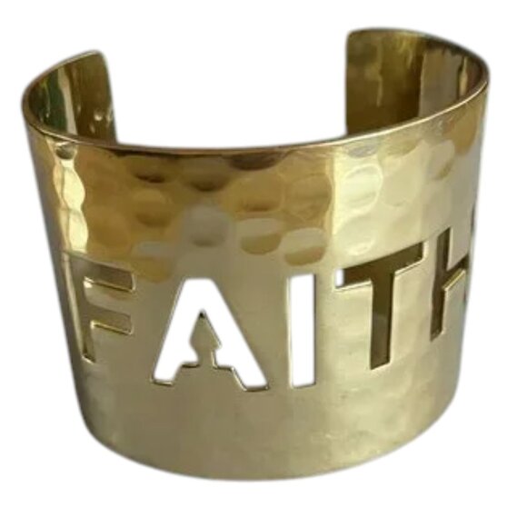 Rustic Cuff Hammered Gold Brass Wide Cuff Bracelet FAITH Cutout EUC aprox 2" - Picture 1 of 4